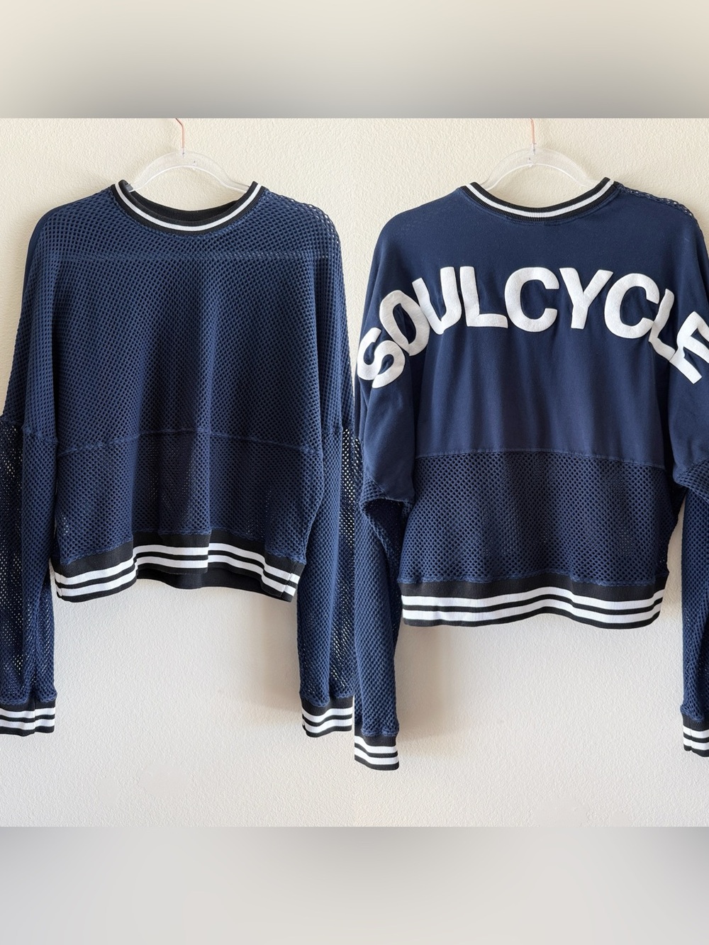 SoulCycle x Spirit Jersey Navy Blue Mesh Crop Top Varsity Puff Print Medium